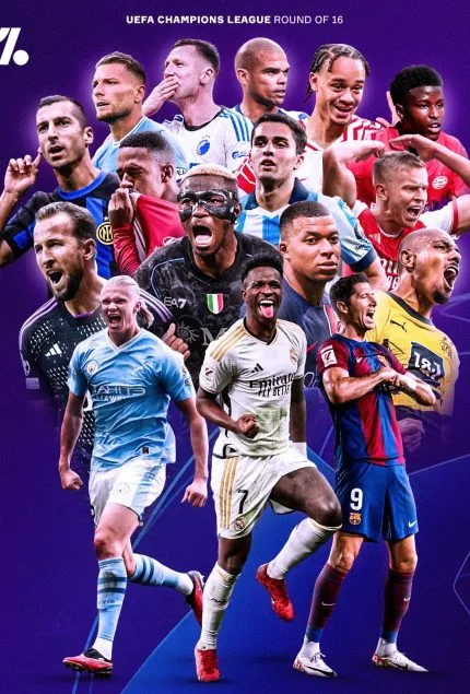 A montage of professional soccer players representing teams in the UEFA Champions League Round of 16.
