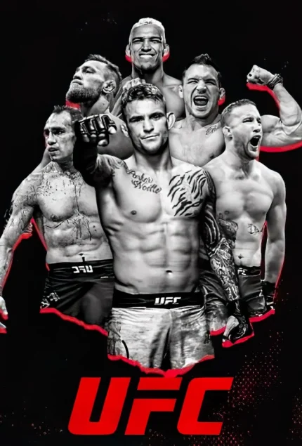 Group of UFC fighters posing for a promotional event poster featuring the UFC logo.